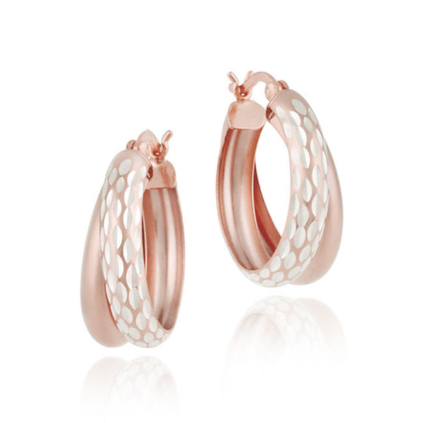 Diamond Cut Finish Saddleback Double Hoop Style Earrings - Rose Gold