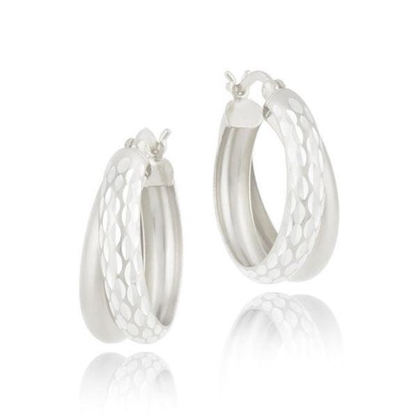 Diamond Cut Finish Saddleback Double Hoop Style Earrings - Silver