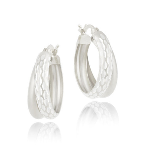 Diamond Cut Finish Saddleback Double Hoop Style Earrings - Silver