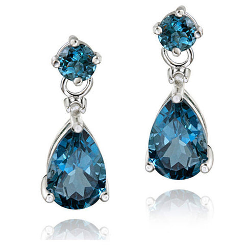 Diamond & Gemstone Accent Butterfly Clasp Teardrop Earrings - Silver / London Blue Topaz