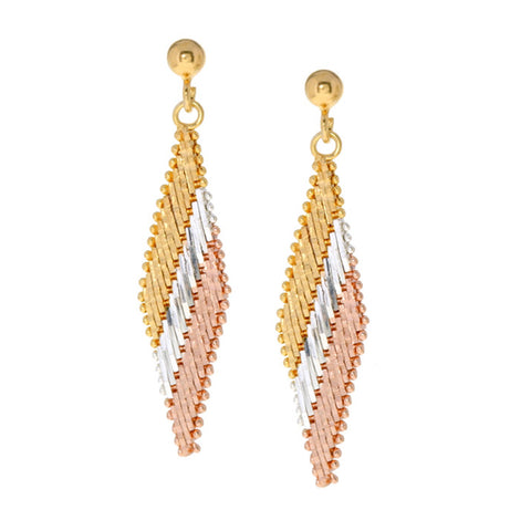 18k Gold Over Sterling Silver Tri-Colour Vermeil Butterfly Clasp Dangle Earrings