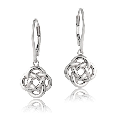 Love Knot Flower Leverback Dangle Earrings - Silver
