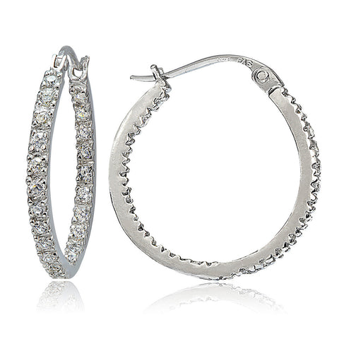 Cubic Zirconia Accented Sterling Silver Saddleback Hoop Earrings