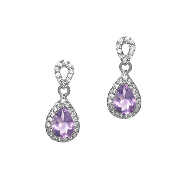 Cubic Zirconia Accented Sterling Silver Teardrop Dangle Earrings - Amethyst