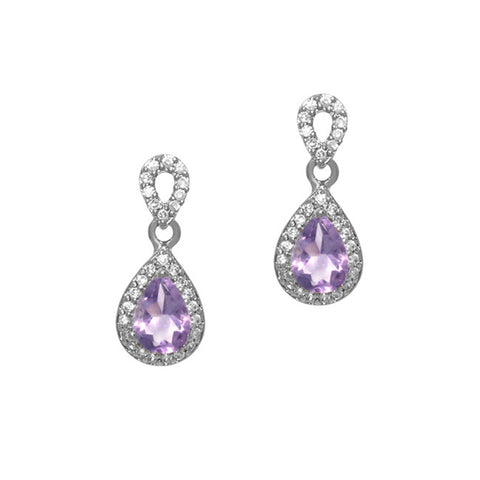 Cubic Zirconia Accented Sterling Silver Teardrop Dangle Earrings - Amethyst