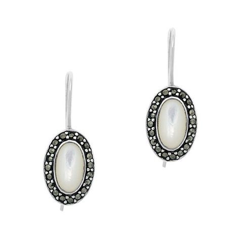 Marcasite Accented Sterling Silver Mother of Pearl Dangle Earrings