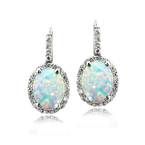 Oval Cut Gemstone Accent Sterling Silver Leverback Birthstone Earrings - October Created Opal