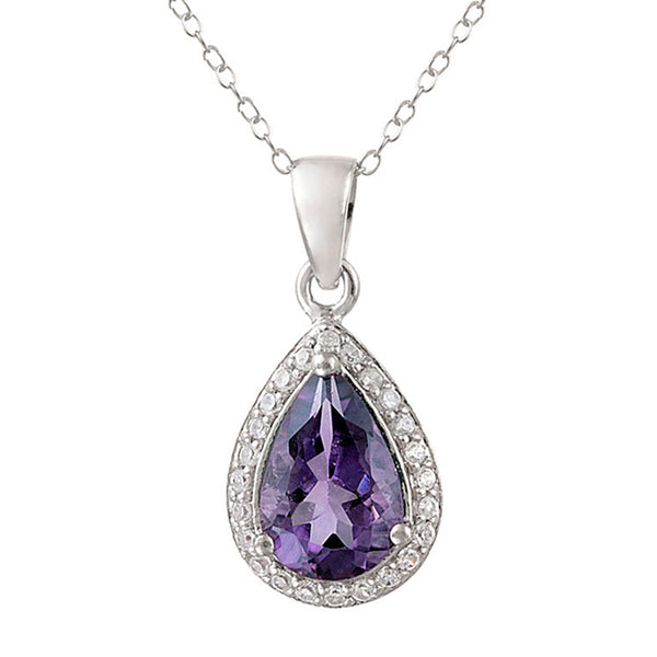 Gemstone & Cubic Zirconia Accented Teardrop Necklace - Silver / Amethyst