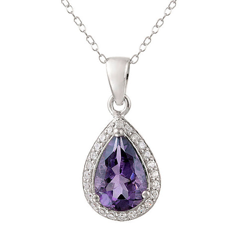 Gemstone & Cubic Zirconia Accented Teardrop Necklace - Silver / Amethyst