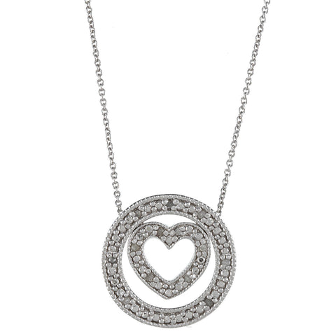1/8 Carat Diamond Sterling Silver 3 in 1 Circle Heart Necklace
