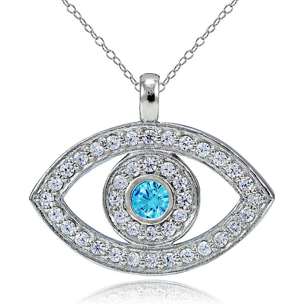 Evil Eye Aquamarine Cubic Zirconia Sterling Silver Necklace