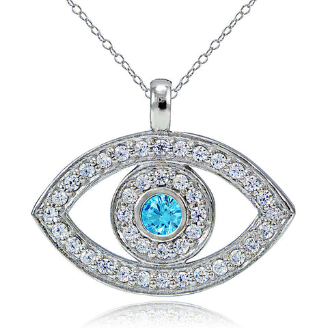 Evil Eye Aquamarine Cubic Zirconia Sterling Silver Necklace