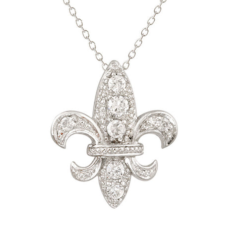Cubic Zirconia Accent Sterling Silver Fleur de Lis Necklace