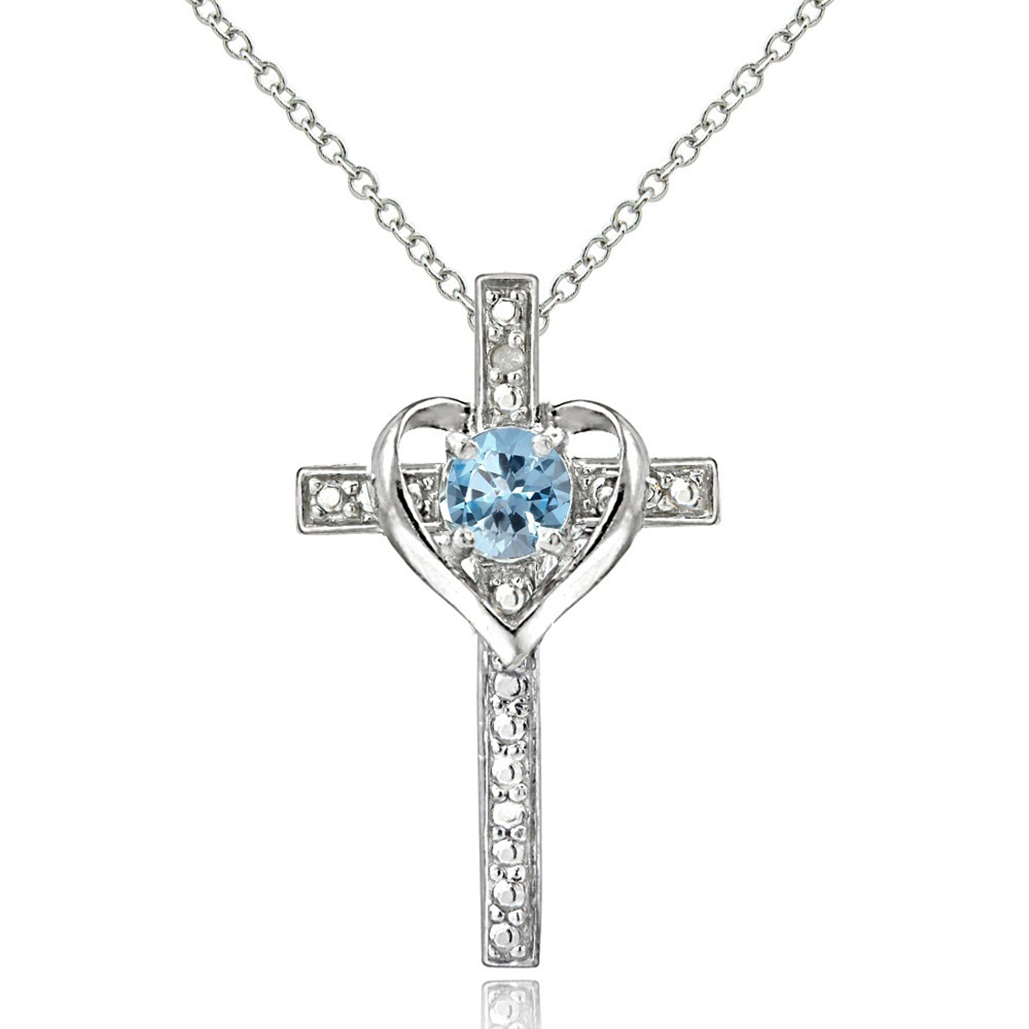 Diamond Accented Sterling Silver Cross Necklace - Blue Topaz