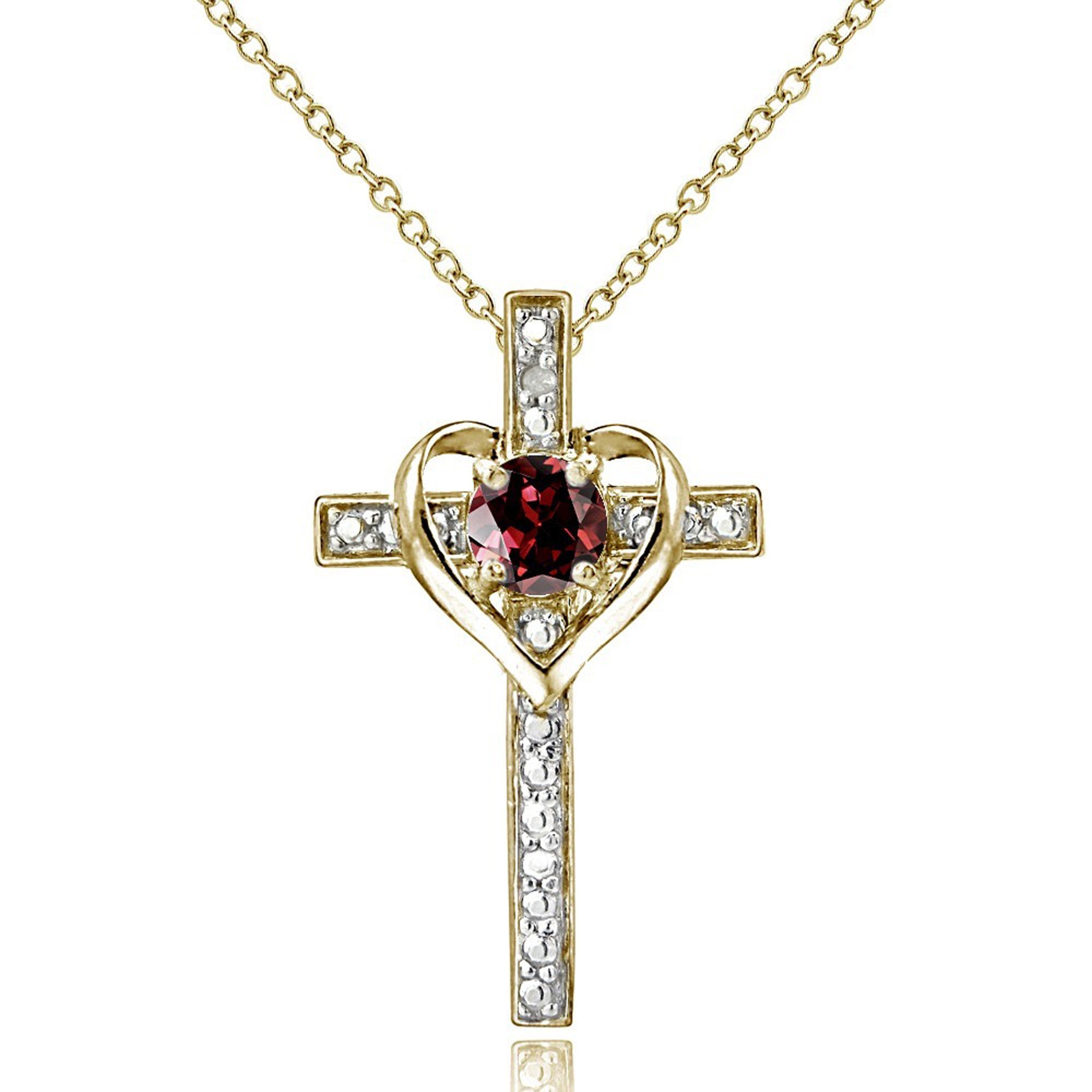 Diamond Accented Sterling Silver Cross Necklace - Gold Over Silver / Garnet