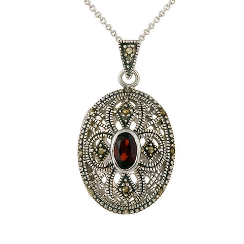 Marcasite & Garnet Sterling Silver Oval Locket Necklace