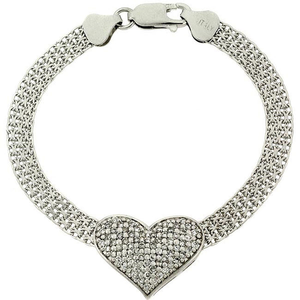 Heart Mesh Chain Bracelet With Cubic Zirconia Accents in Sterling Silver
