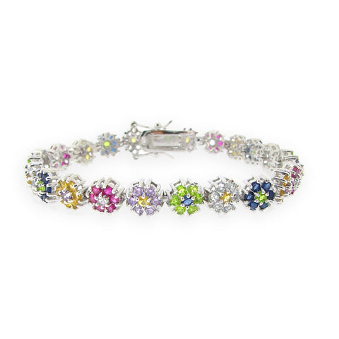 Flower Linked Bracelet With Cubic Zirconia - 7 Inches