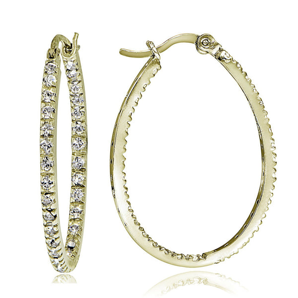 Cubic Zirconia Accented Saddleback Oval Hoop Earrings - Yellow Gold