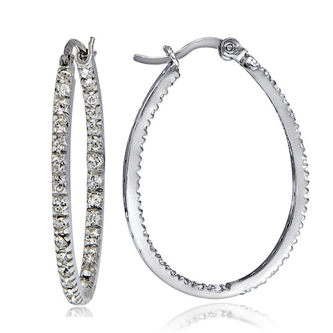 Cubic Zirconia Accented Saddleback Oval Hoop Earrings - Silver