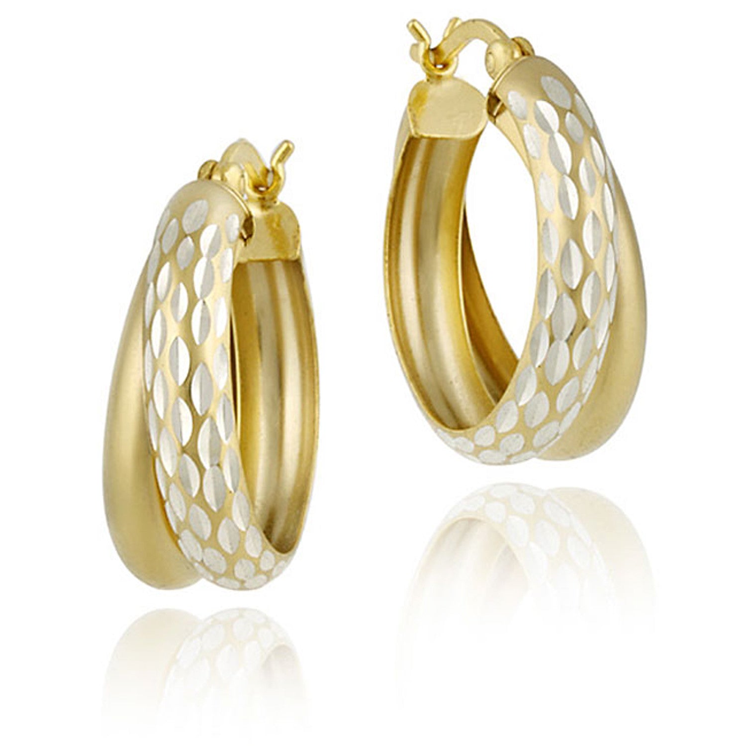 Diamond Cut Finish Saddleback Double Hoop Style Earrings - Gold