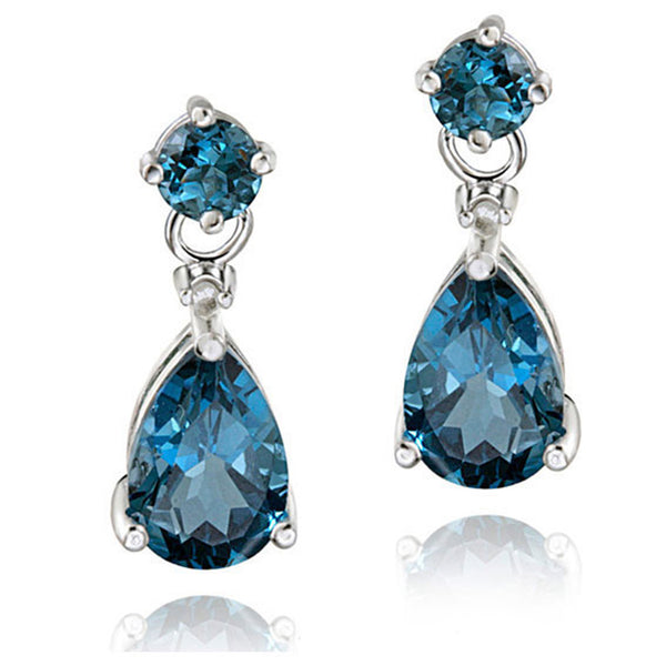 Diamond & Gemstone Accent Butterfly Clasp Teardrop Earrings - Silver / London Blue Topaz