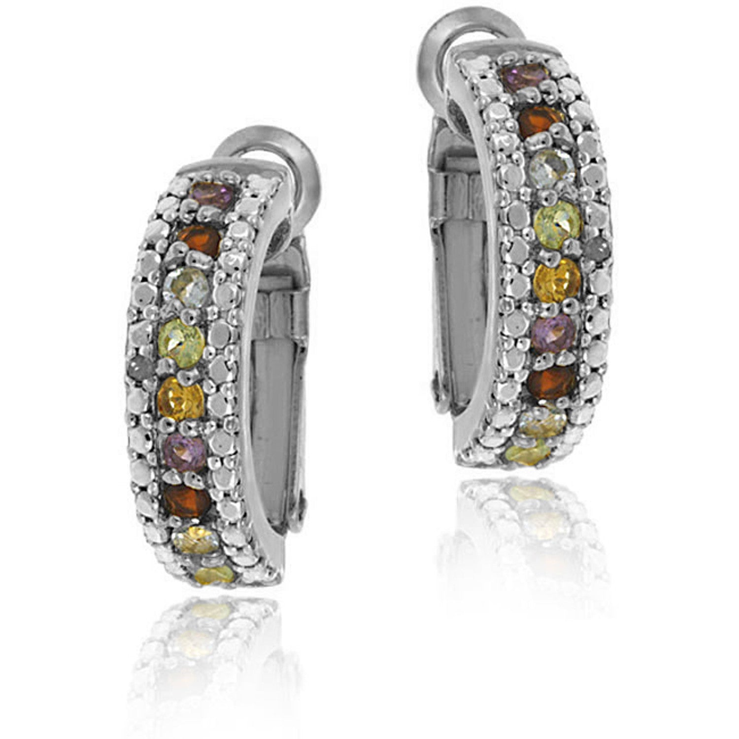 Gemstone Accented Clip-in Semi Hoop Earrings - Silver / Multi