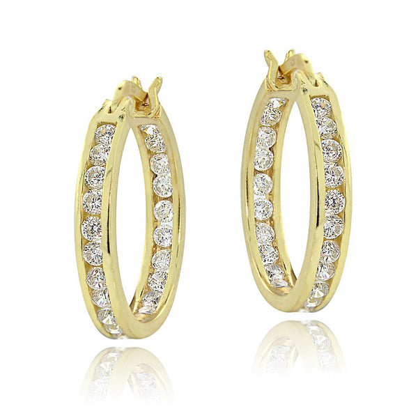 18k Gold Over Silver Cubic Zirconia Accented Saddleback Hoop Earrings