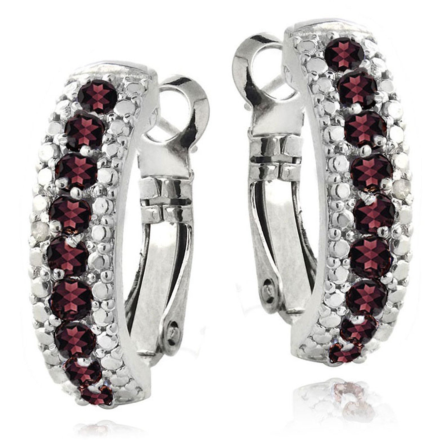 Half Hoop Gemstone & Diamond Accent Earrings - Garnet