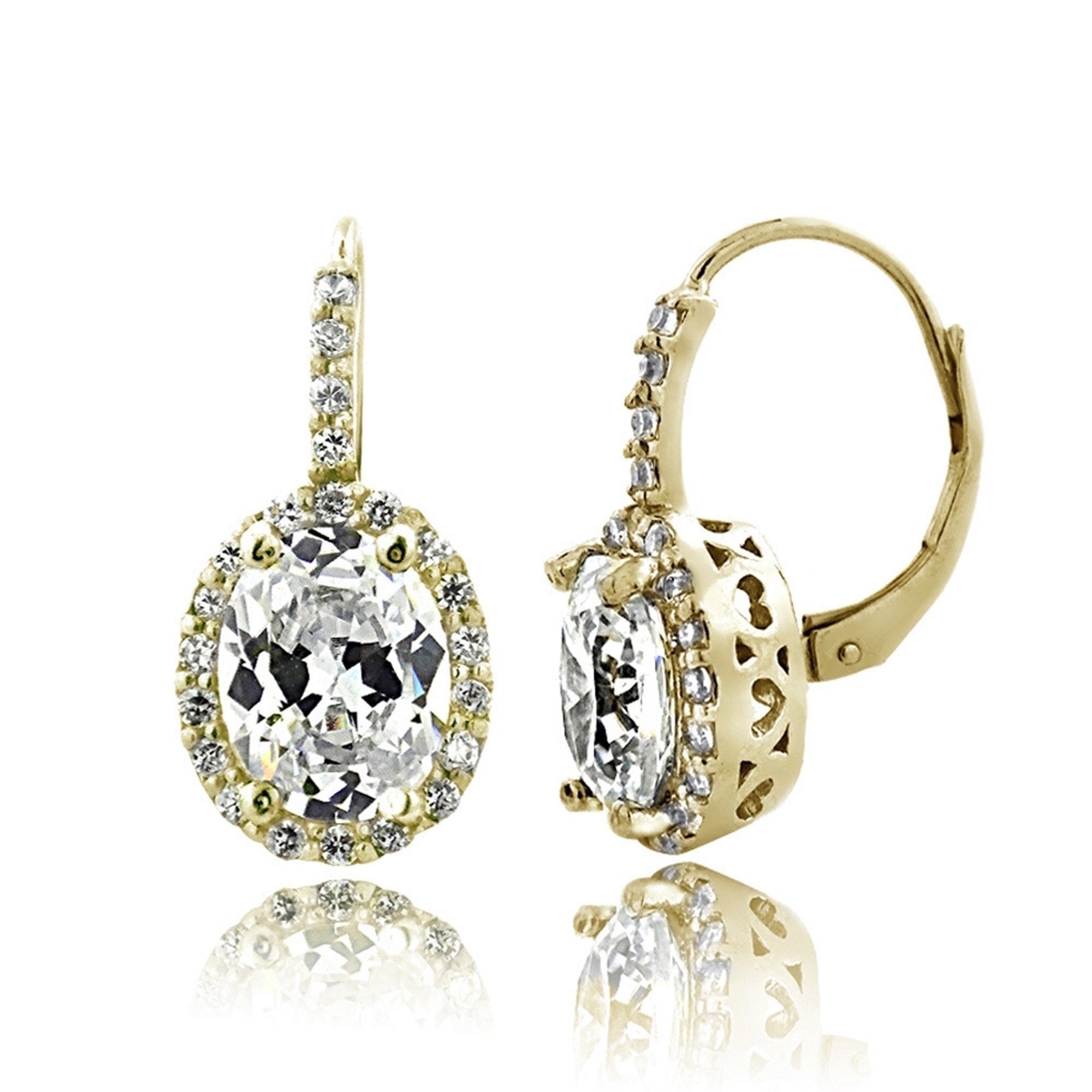 Oval Cubic Zirconia Halo Leverback Earrings - Gold Tone