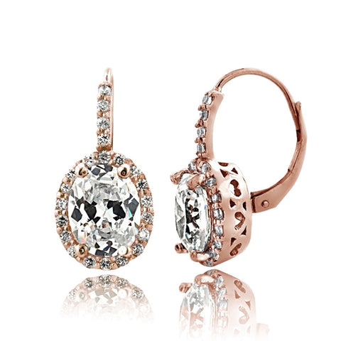 Oval Cubic Zirconia Halo Leverback Earrings - Rose Tone