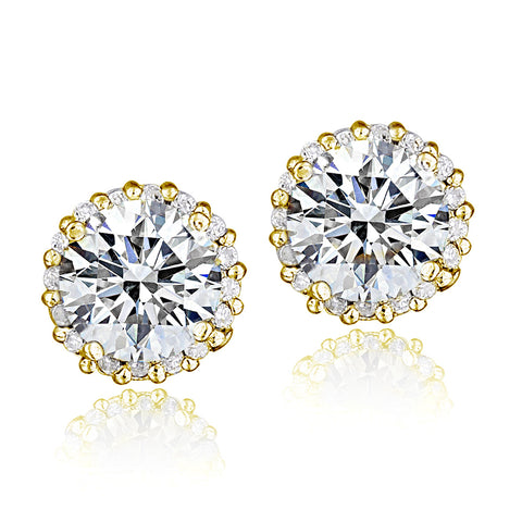 100 Facets Cubic Zirconia Halo Butterfly Clasp Stud Earrings - Gold