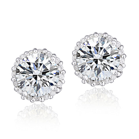 100 Facets Cubic Zirconia Halo Butterfly Clasp Stud Earrings - Platinum Plated
