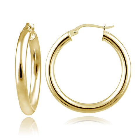 Polished Sterling Silver 25mm Round Saddleback Hoop Earrings - Yellow Gold