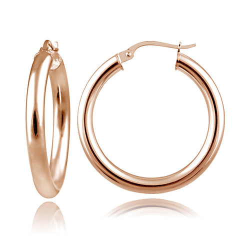 Polished Sterling Silver 25mm Round Saddleback Hoop Earrings - Rose Gold