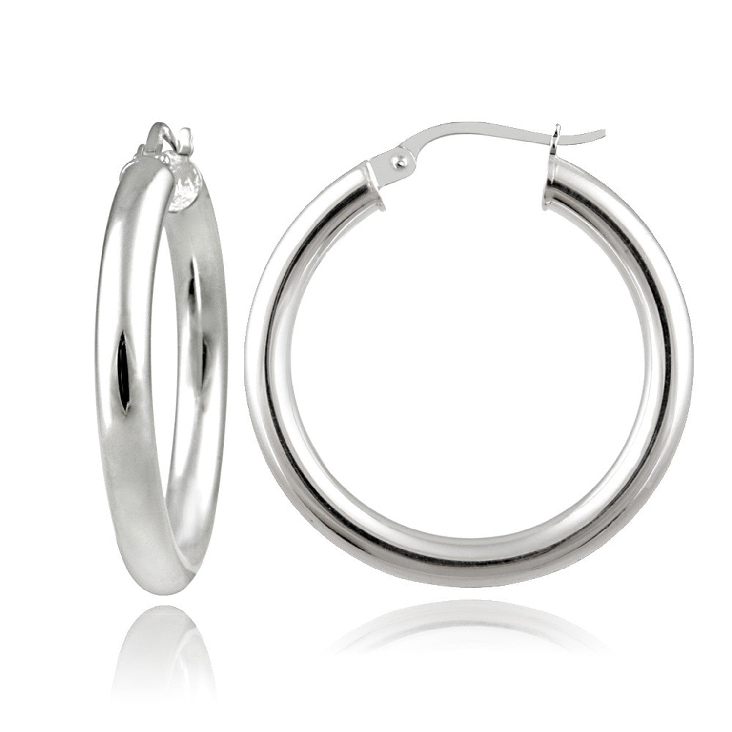 Polished Sterling Silver 25mm Round Saddleback Hoop Earrings - Silver