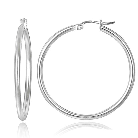 Polished Sterling Silver 30mm Round Saddleback Hoop Earrings