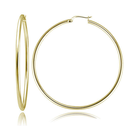 Polished Sterling Silver 50mm Round Saddleback Hoop Earrings - Gold