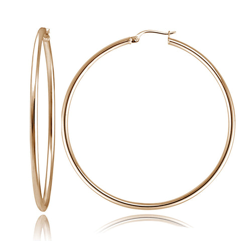 Polished Sterling Silver 50mm Round Saddleback Hoop Earrings - Rose Gold