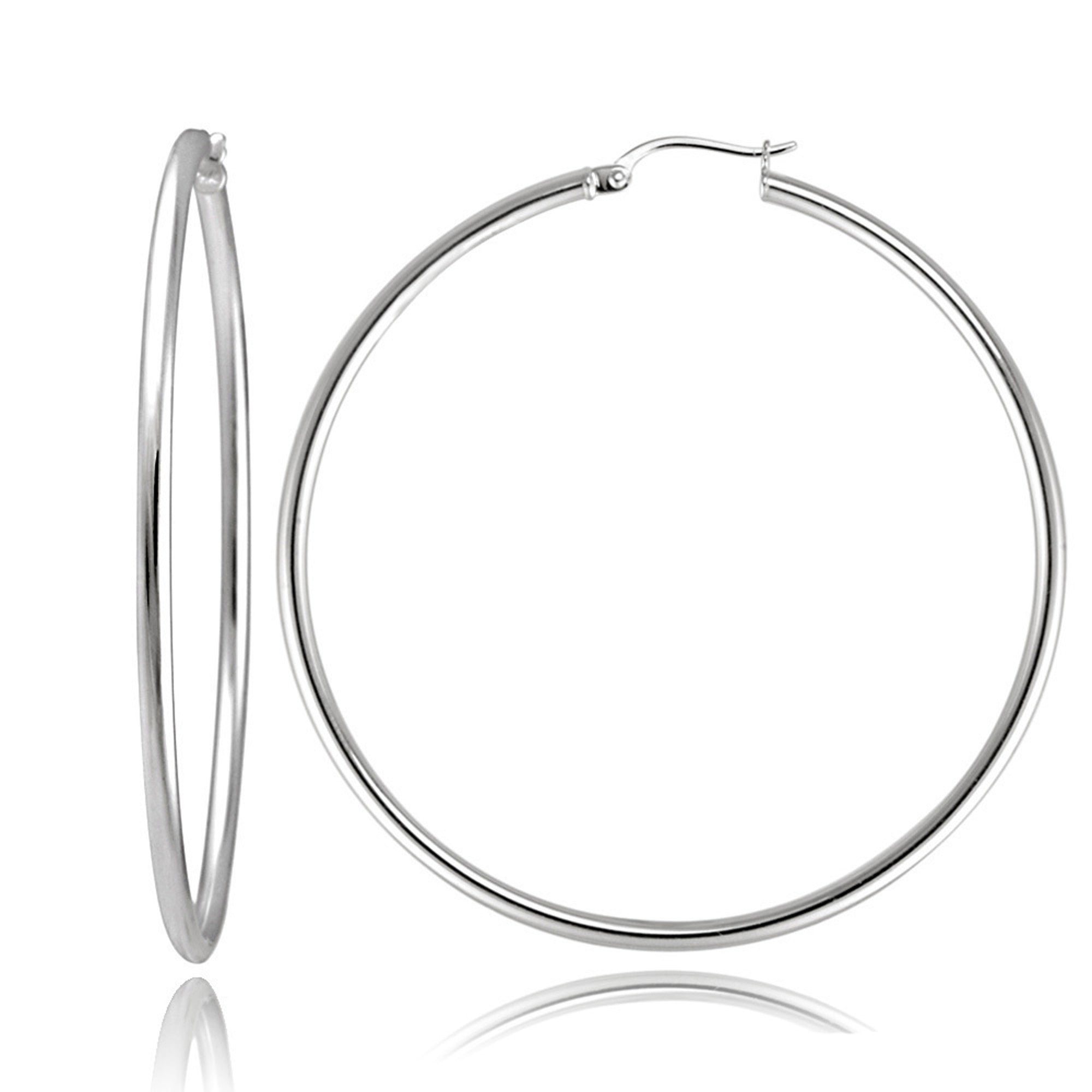 Polished Sterling Silver 50mm Round Saddleback Hoop Earrings - Silver