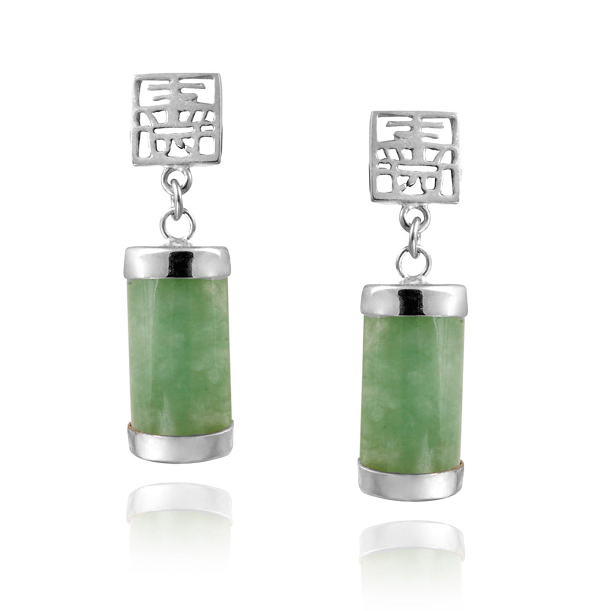 Polished Sterling Silver Butterfly Clasp Green Jade Dangle Earrings