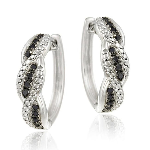 Black Diamond Accent Sterling Silver Saddleback Hoop Earrings