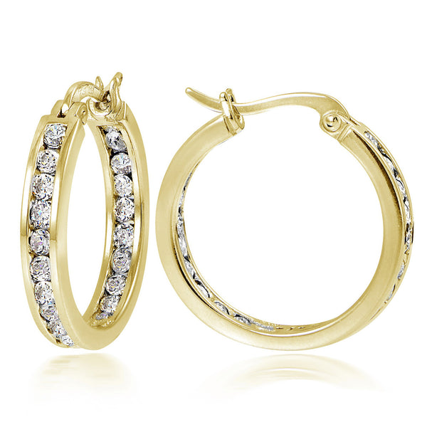 Sterling Silver Cubic Zirconia Accented Saddleback Hoop Earrings - Yellow Gold