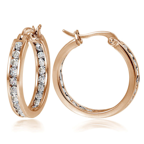 Sterling Silver Cubic Zirconia Accented Saddleback Hoop Earrings - Rose Gold