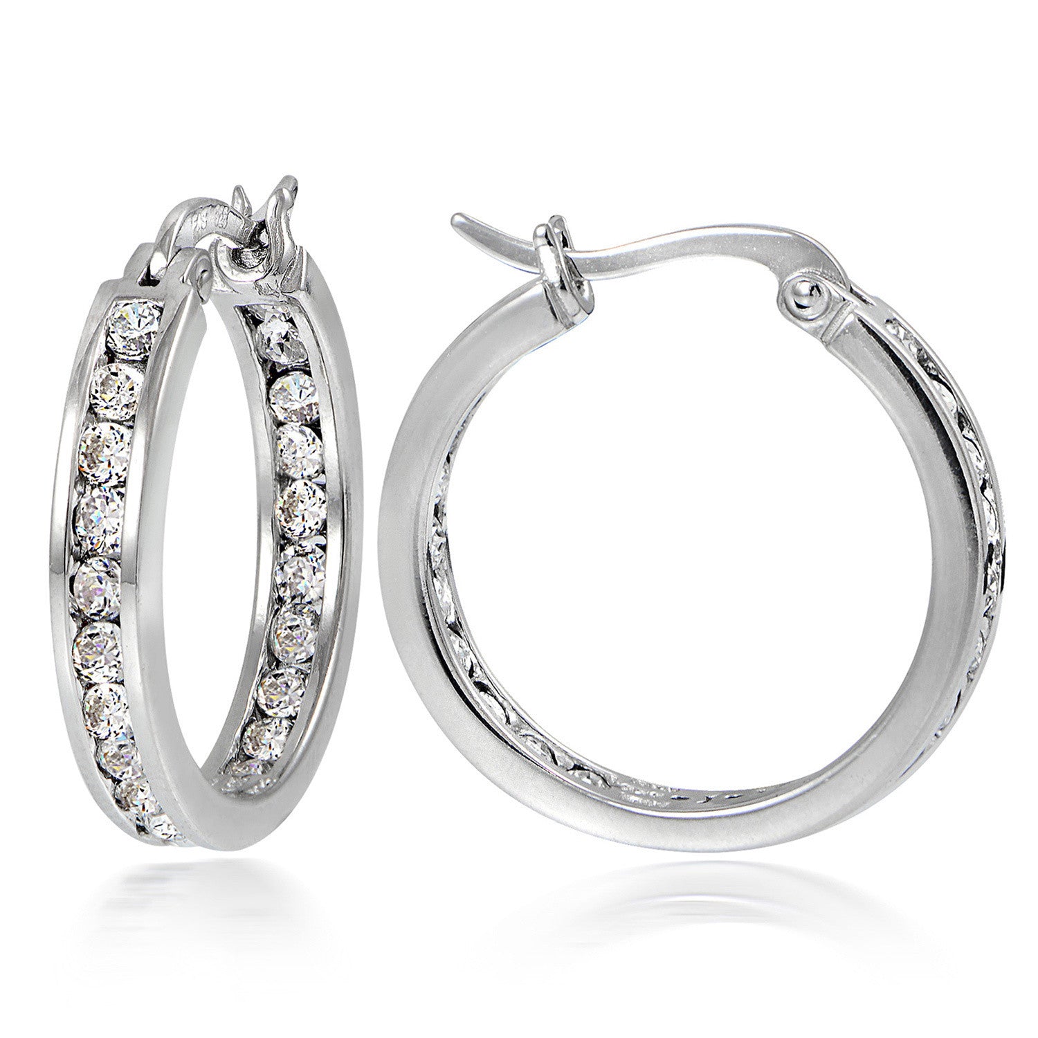 Sterling Silver Cubic Zirconia Accented Saddleback Hoop Earrings - Silver