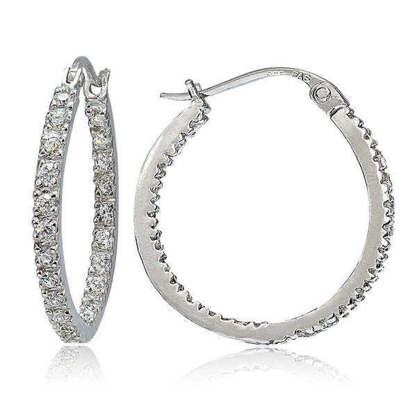 Cubic Zirconia Accented Sterling Silver Saddleback Hoop Earrings