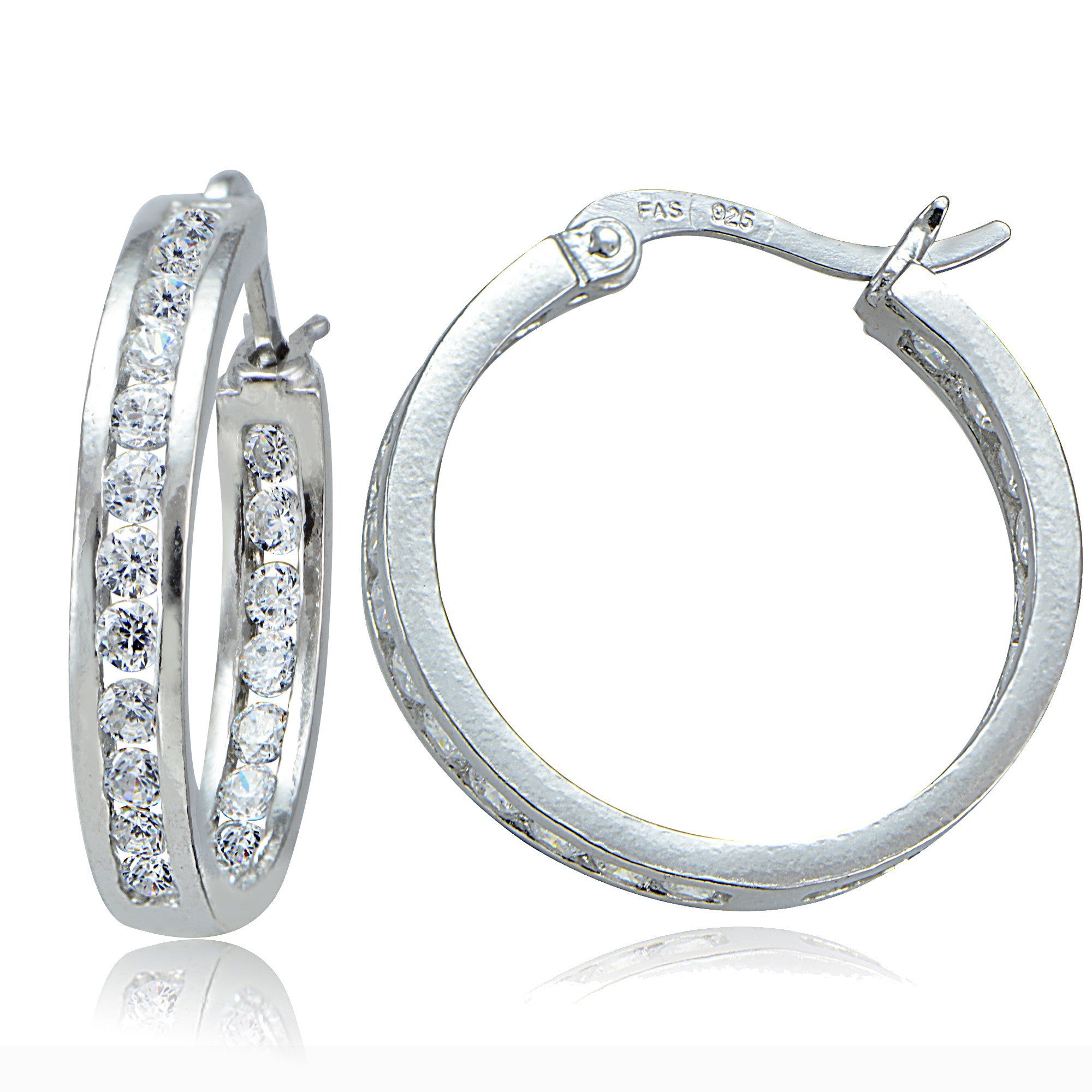 Sterling Silver Cubic Zirconia Accented Saddleback Hoop Earrings