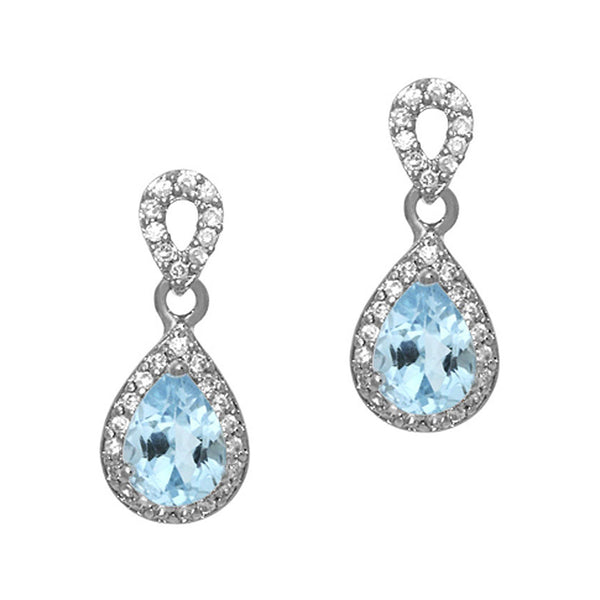 Cubic Zirconia Accented Sterling Silver Teardrop Dangle Earrings - Blue Topaz