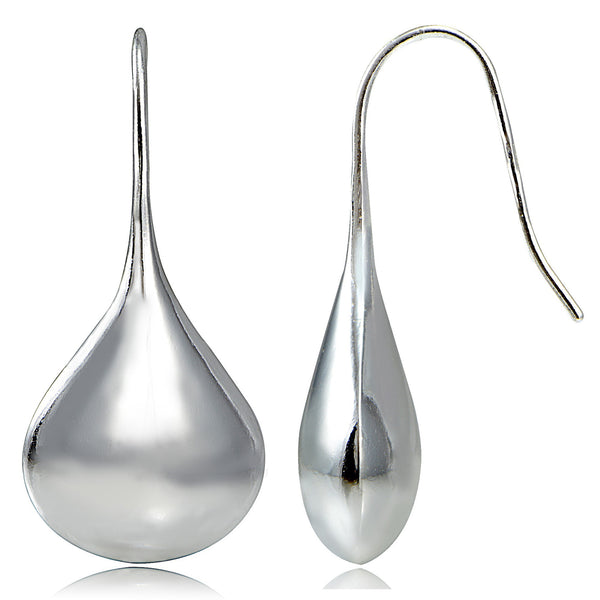 Sterling Silver Euro Wire Puffed Teardrop Earrings - Silver