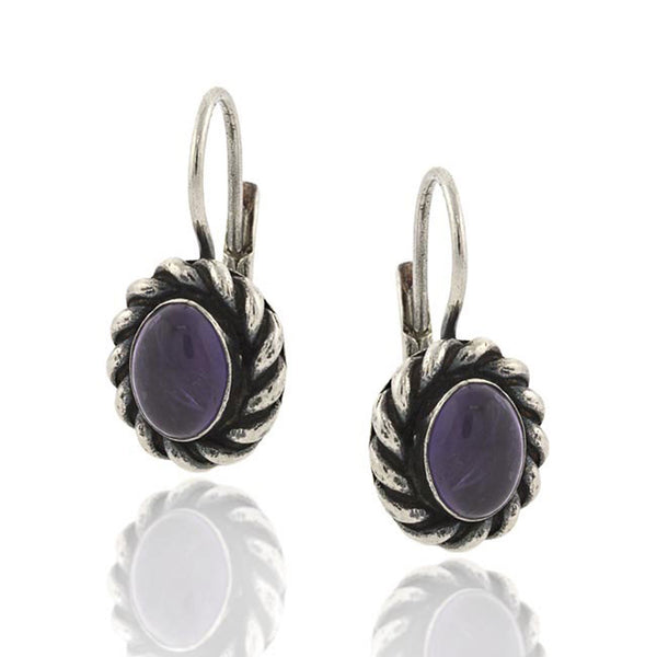 Sterling Silver Gemstone Accented Leverback Oval Amethyst Earrings